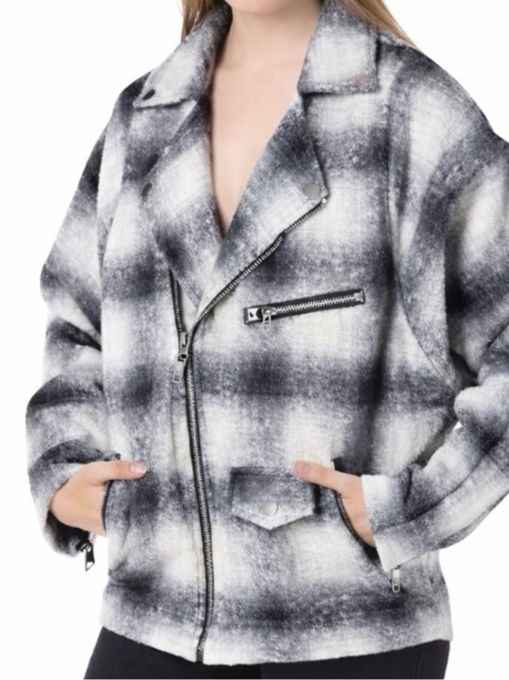 UNIF BOYFRIEND PLAID MOTO JACKET Size S Black/White